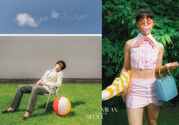 Shooting “estate italiana” at studio Volpi . Brands: Lipari (eyewear) Fino a cinque (shoes), Francesca Cottone (man suite), Lorenzo Taiuti (bag), Skirt and shirt (Marea) | Source: Milan Loves Seoul
